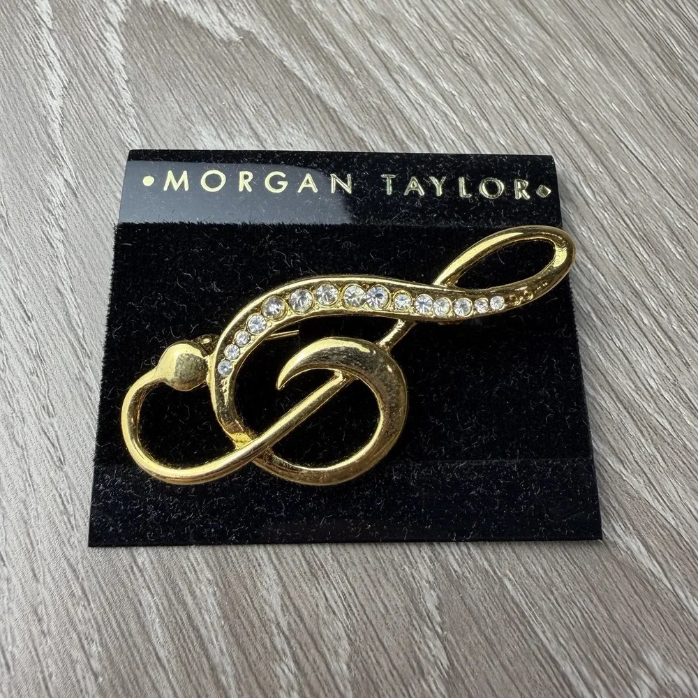 Vintage Morgan Taylor Gold Tone Treble Clef Brooch Rhinestone Music Note Pin